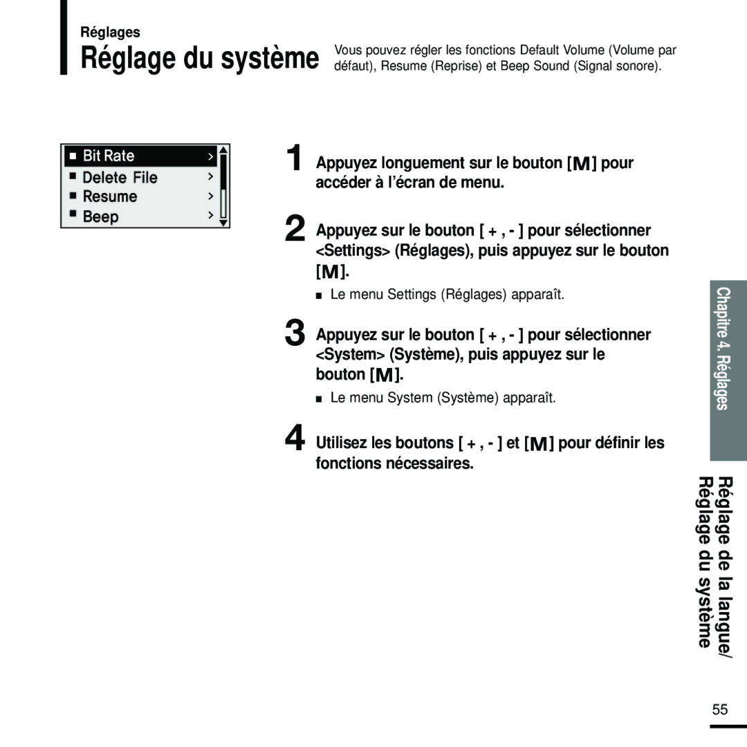 Samsung YP-U2RXB/XEF, YP-U2ZW/ELS, YP-U2RQB/XEF, YP-U2RZB/XEF manual Réglage du système, Le menu System Système apparaît 