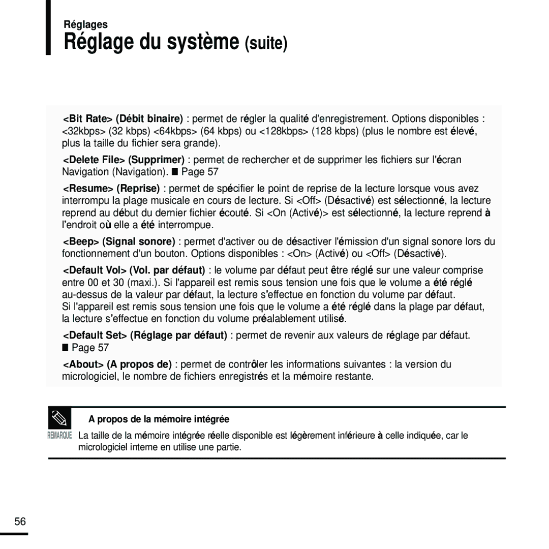 Samsung YP-U2ZW/ELS, YP-U2RQB/XEF, YP-U2RZB/XEF, YP-U2RZB/ELS manual Réglage du système suite, Propos de la mémoire intégrée 