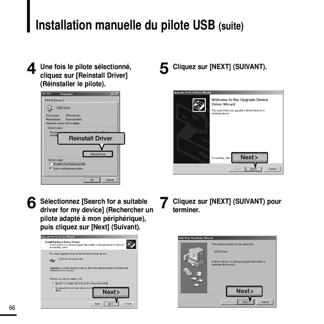 Samsung YP-U2RZB/ELS, YP-U2ZW/ELS manual Installation manuelle du pilote USB suite, Cliquez sur Next Suivant pour terminer 