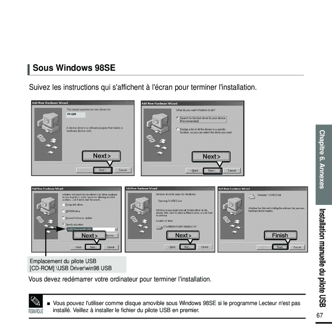 Samsung YP-U2RQB/ELS, YP-U2ZW/ELS, YP-U2RQB/XEF, YP-U2RZB/XEF, YP-U2RZB/ELS, YP-U2RXB/ELS, YP-U2RXB/XEF manual Sous Windows 98SE 