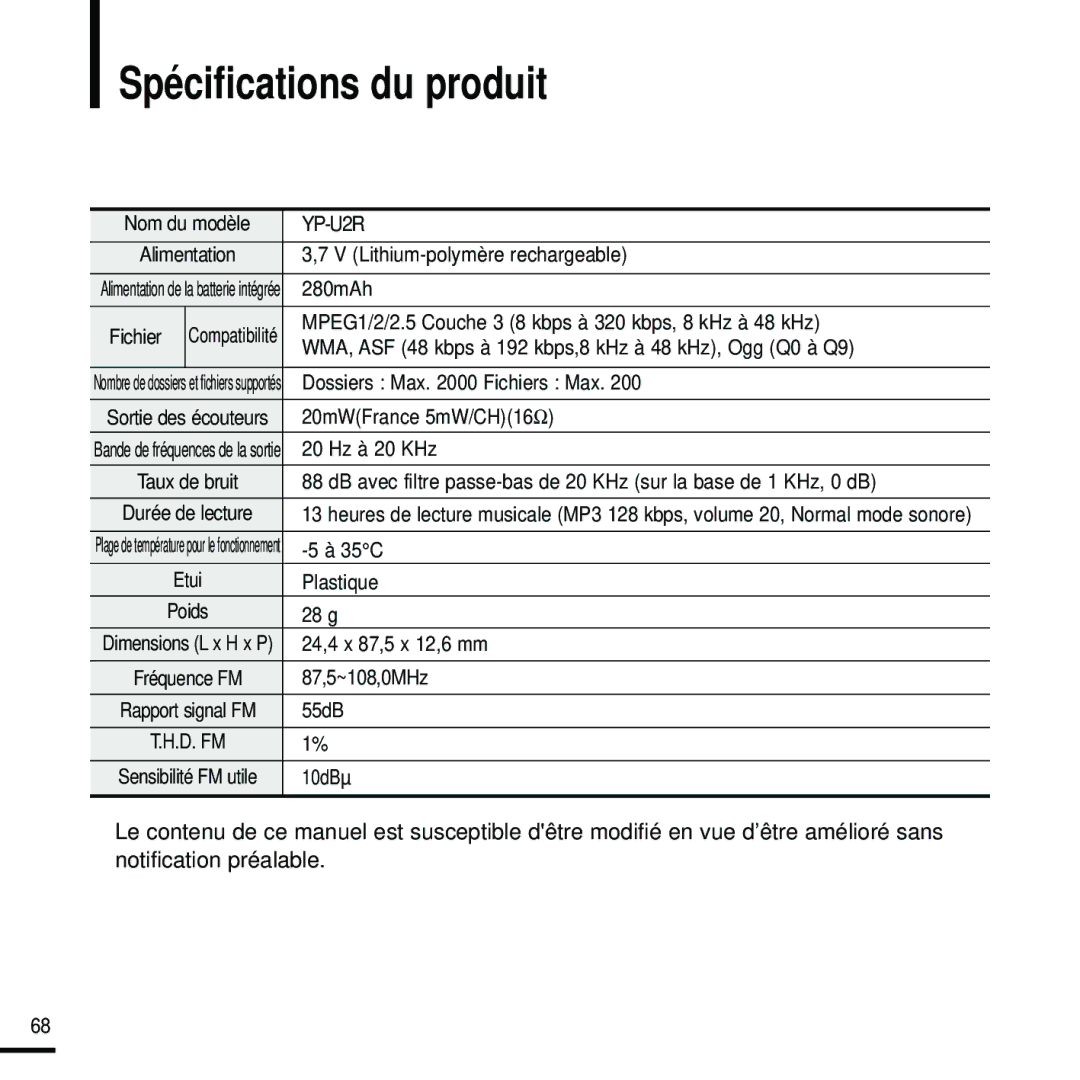 Samsung YP-U2RXB/ELS, YP-U2ZW/ELS, YP-U2RQB/XEF, YP-U2RZB/XEF, YP-U2RZB/ELS, YP-U2RQB/ELS manual Spécifications du produit 