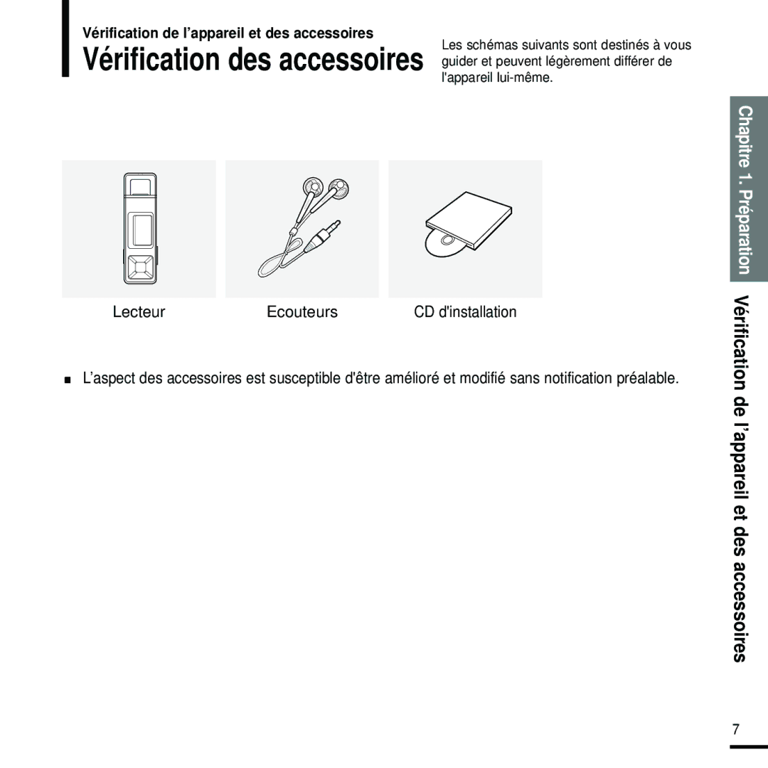 Samsung YP-U2ZW/ELS, YP-U2RQB/XEF, YP-U2RZB/XEF manual Vérification de l’appareil et des accessoires, Lecteur Ecouteurs 