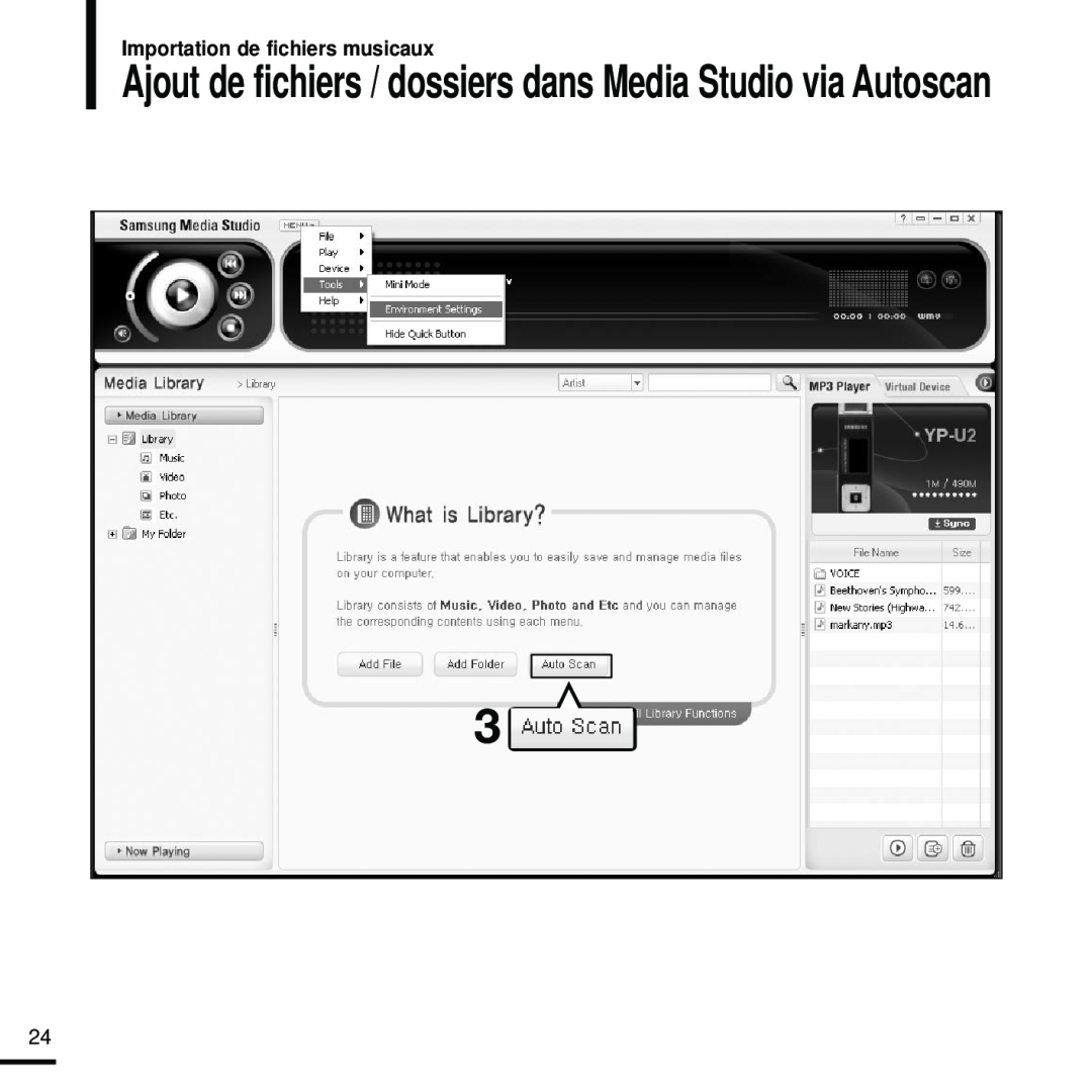 Samsung YP-U2RZB/ELS manual Ajout de fichiers / dossiers dans Media Studio via Autoscan, Importation de fichiers musicaux 