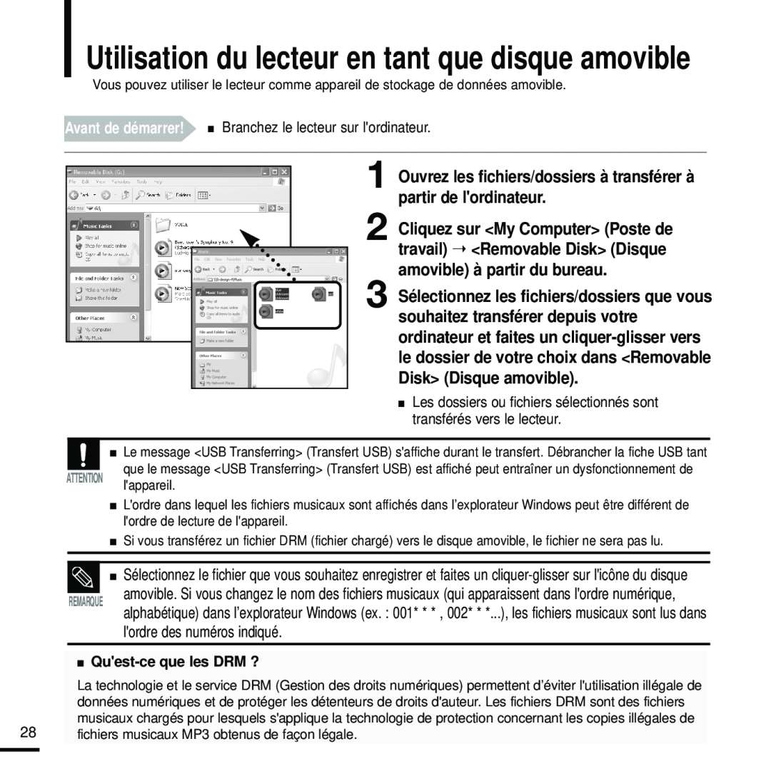 Samsung YP-U2ZW/ELS manual Utilisation du lecteur en tant que disque amovible, Quest-ce que les DRM ?, Avant de démarrer 