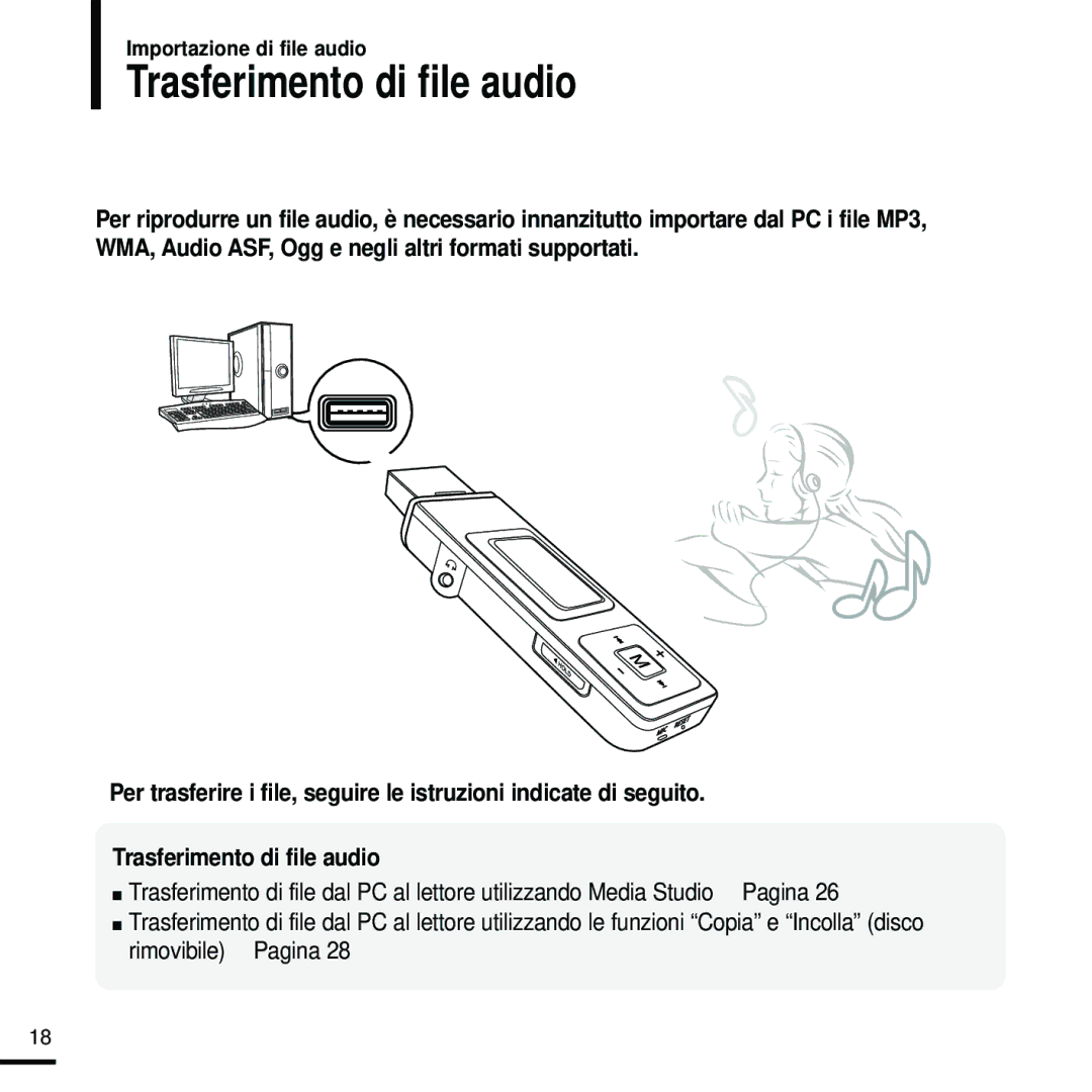 Samsung YP-U2ZW/ELS, YP-U2RXB/ELS, YP-U2RZW/XET, YP-U2RXW/ELS, YP-U2RQB/XET, YP-U2RZB/XET manual Trasferimento di file audio 