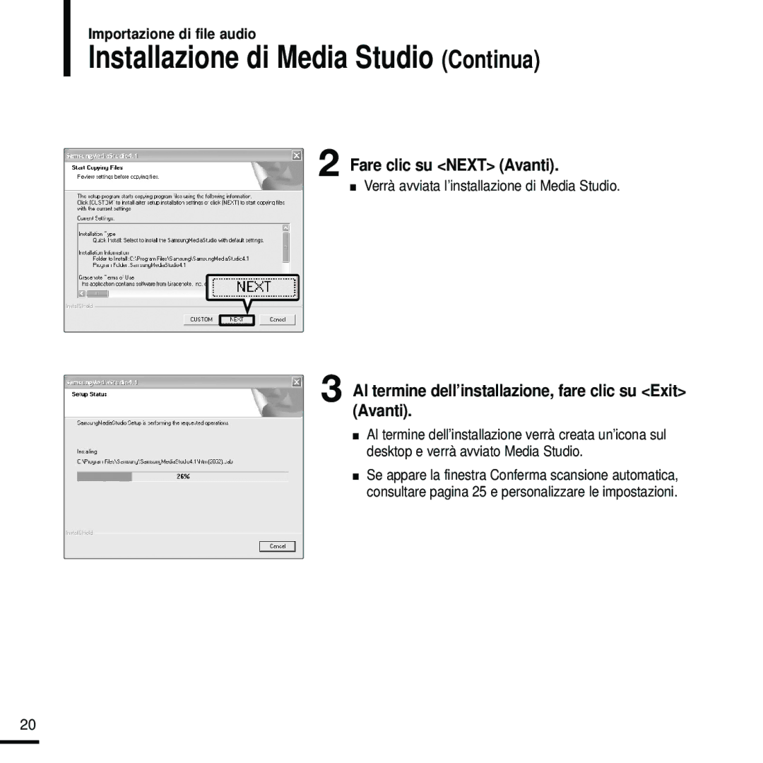 Samsung YP-U2RZW/XET, YP-U2ZW/ELS, YP-U2RXB/ELS manual Installazione di Media Studio Continua, Fare clic su Next Avanti 