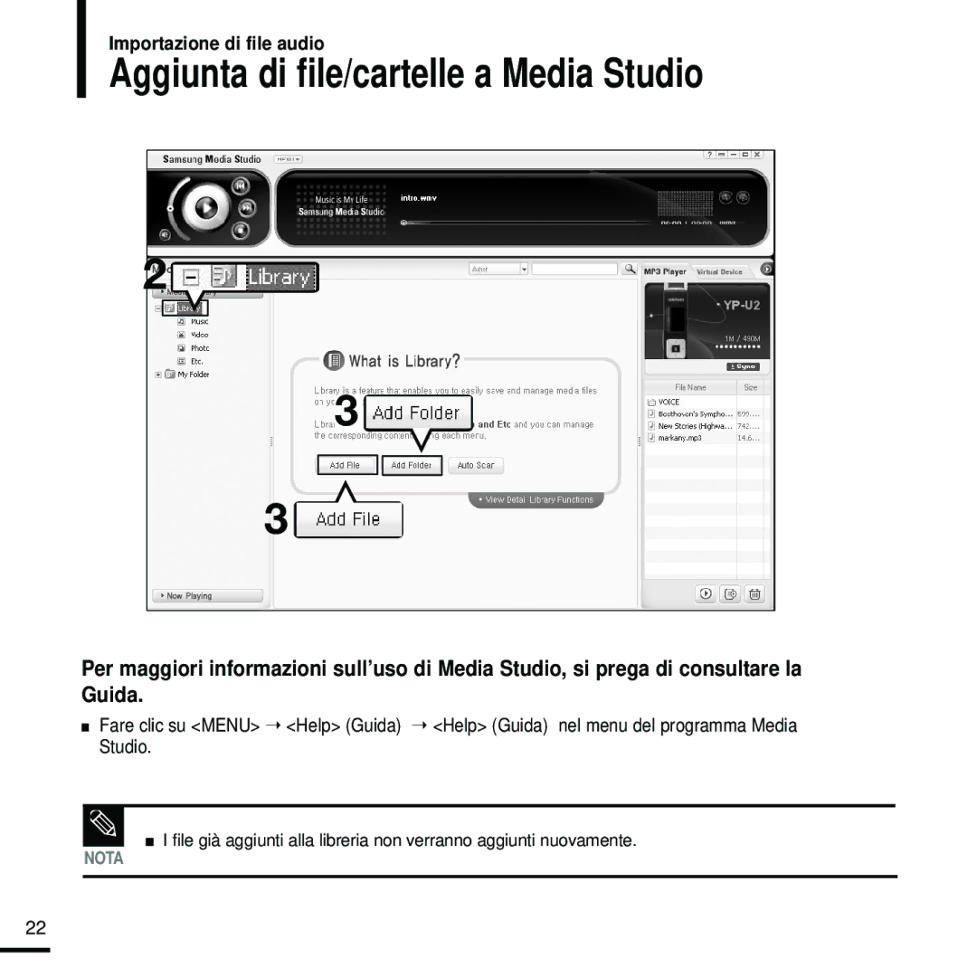 Samsung YP-U2RQB/XET, YP-U2ZW/ELS, YP-U2RXB/ELS, YP-U2RZW/XET, YP-U2RXW/ELS manual Aggiunta di file/cartelle a Media Studio 