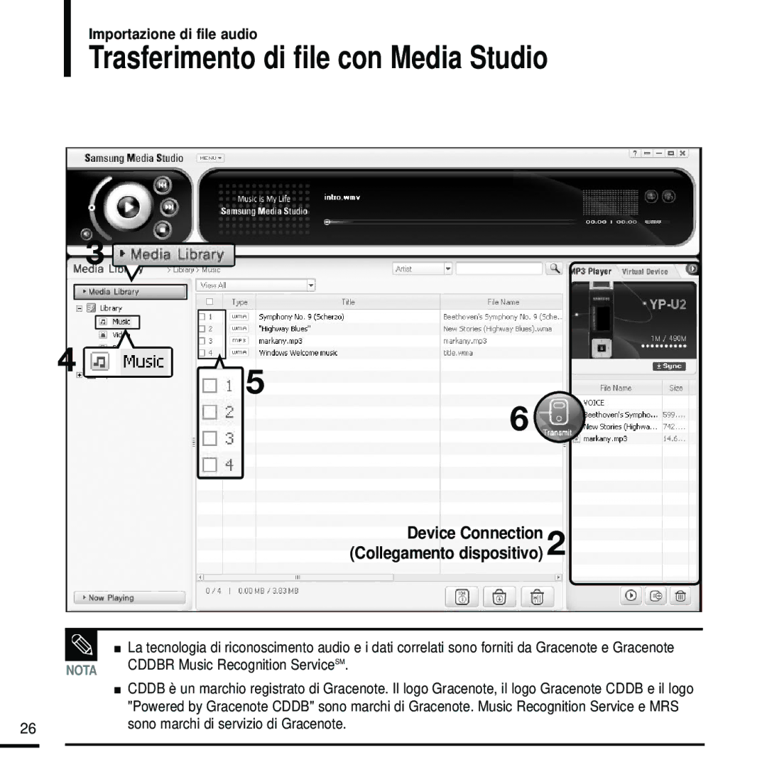 Samsung YP-U2ZB/ELS, YP-U2ZW/ELS manual Trasferimento di file con Media Studio, Device Connection Collegamento dispositivo 