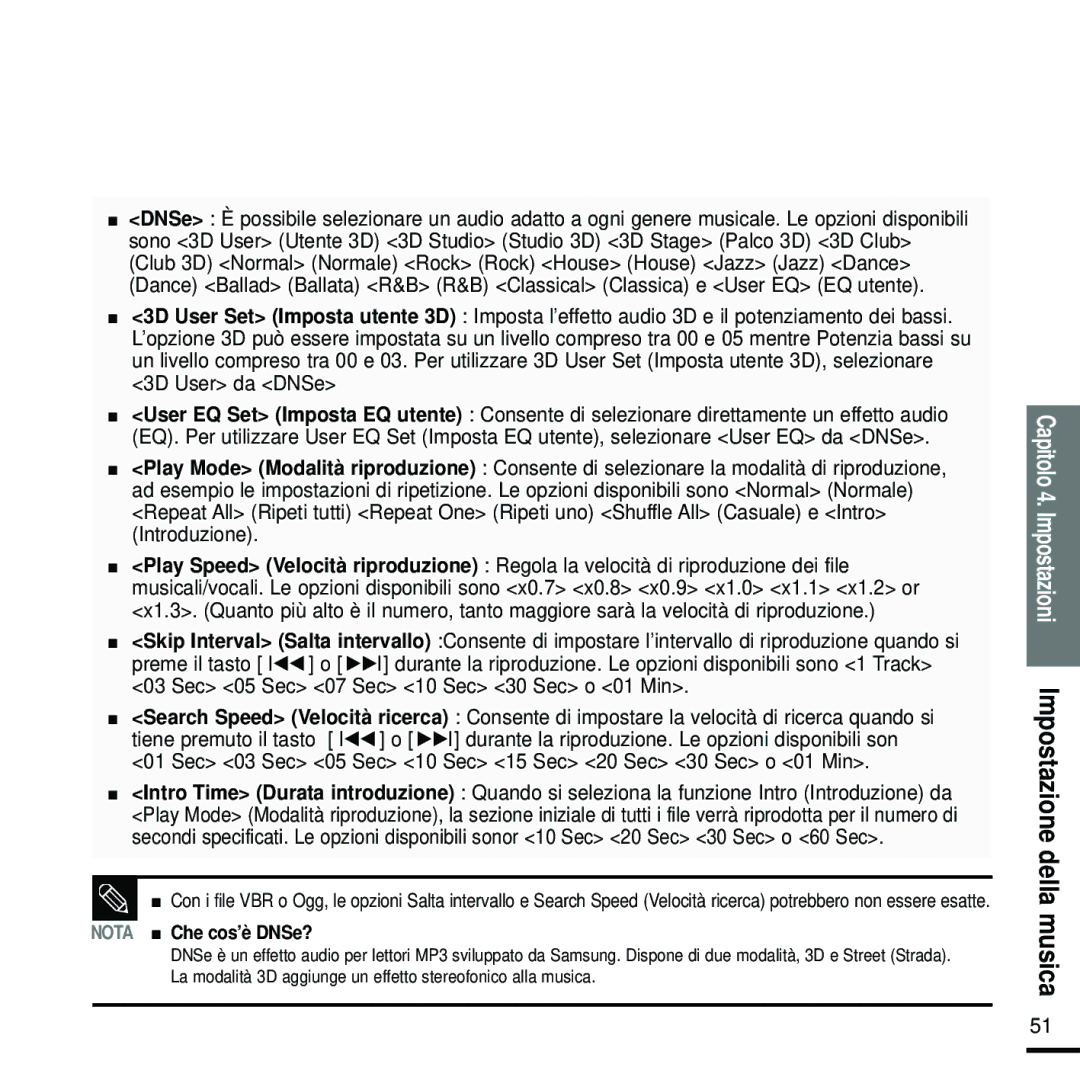 Samsung YP-U2RXW/XET, YP-U2ZW/ELS, YP-U2RXB/ELS, YP-U2RZW/XET, YP-U2ZB/ELS Capitolo 4. Impostazioni Impostazione della musica 