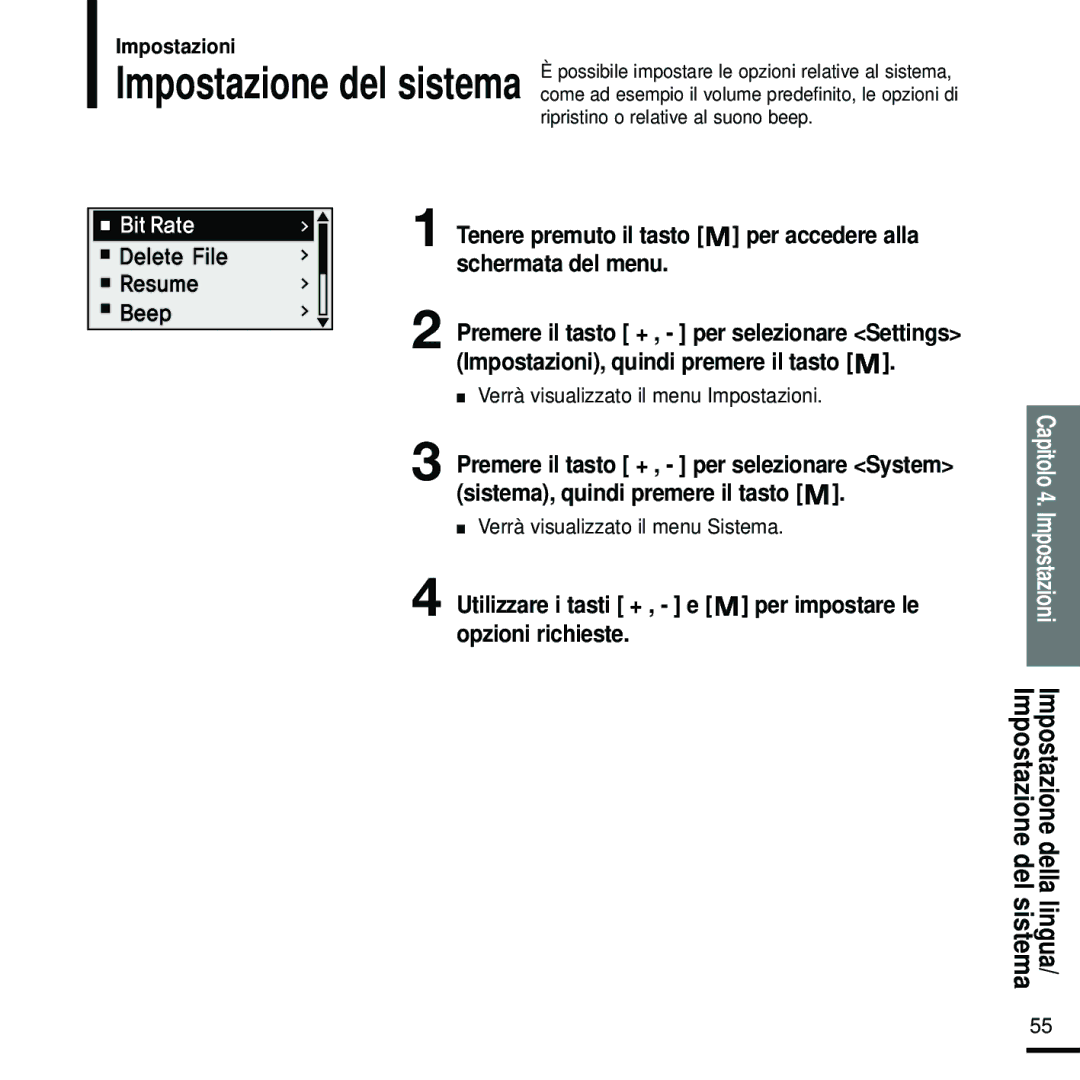 Samsung YP-U2RXB/ELS, YP-U2ZW/ELS, YP-U2RZW/XET manual Impostazione del, Sistema Lingua, Verrà visualizzato il menu Sistema 