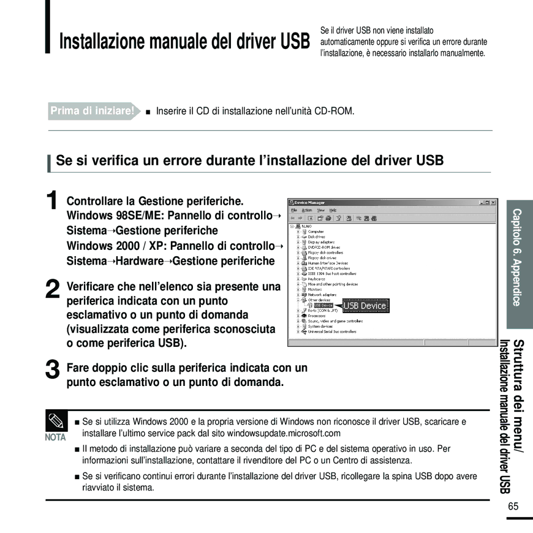 Samsung YP-U2RZW/XET, YP-U2ZW/ELS, YP-U2RXB/ELS, YP-U2RXW/ELS manual Struttura dei menu, Se il driver USB non viene installato 