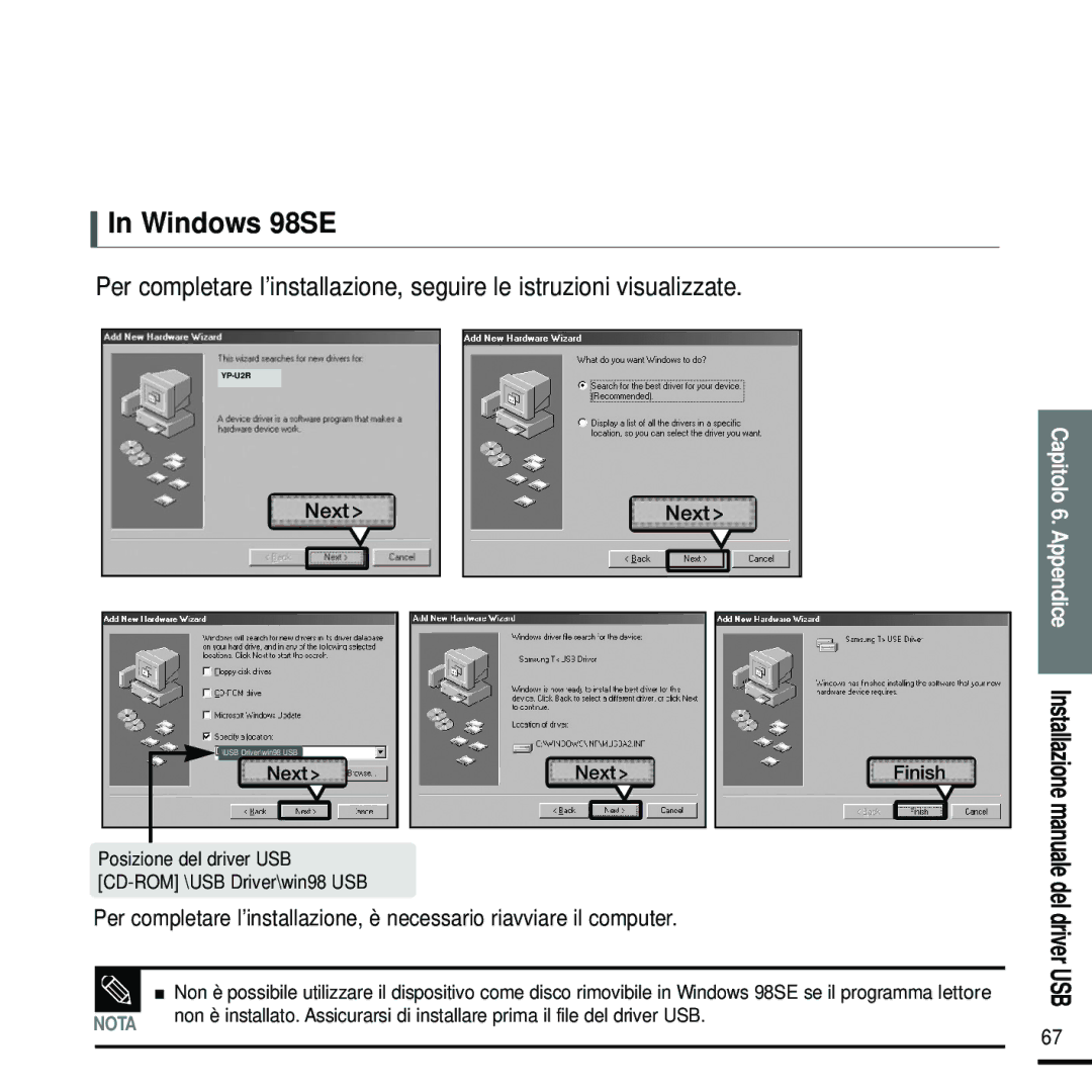 Samsung YP-U2RQB/XET, YP-U2ZW/ELS, YP-U2RXB/ELS, YP-U2RZW/XET, YP-U2RXW/ELS, YP-U2RZB/XET, YP-U2RXW/XET manual Windows 98SE 