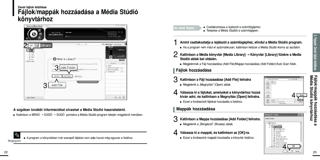 Samsung YP-U2RXB/XET manual Fájlok/mappák hozzáadása a Média Stúdió könyvtárhoz, Fájlok hozzáadása, Mappák hozzáadása 