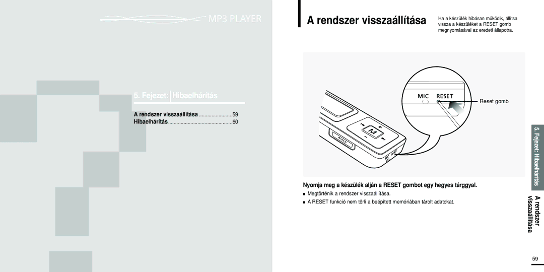 Samsung YP-U2RZW/XET, YP-U2ZW/ELS, YP-U2RZB/ELS, YP-U2RQB/ELS, YP-U2RXB/ELS Fejezet Hibaelhárítás, Visszaállítása Rendszer 