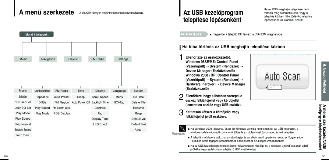 Samsung YP-U2RQW/XET Az USB kezelôprogram, Telepítése lépésenként, Ha hiba történik az USB meghajtó telepítése közben 