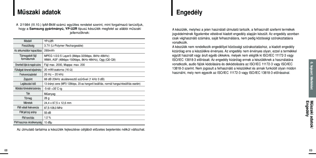 Samsung YP-U2RZW/ELS, YP-U2ZW/ELS, YP-U2RZB/ELS, YP-U2RQB/ELS, YP-U2RXB/ELS, YP-U2RZW/XET manual Engedély Mûszaki adatok 