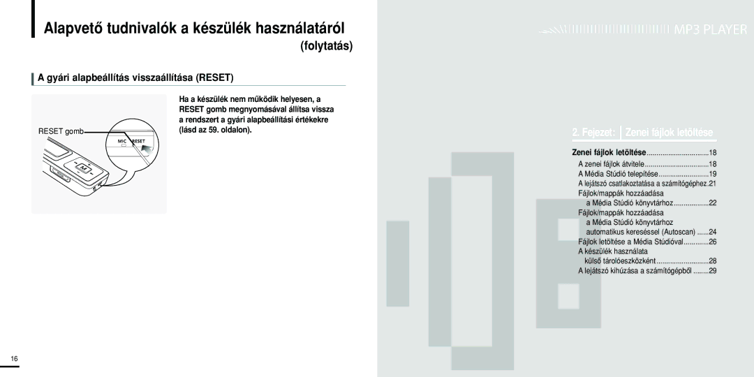 Samsung YP-U2RZW/ELS, YP-U2ZW/ELS, YP-U2RZB/ELS, YP-U2RQB/ELS Gyári alapbeállítás visszaállítása Reset, Lásd az 59. oldalon 