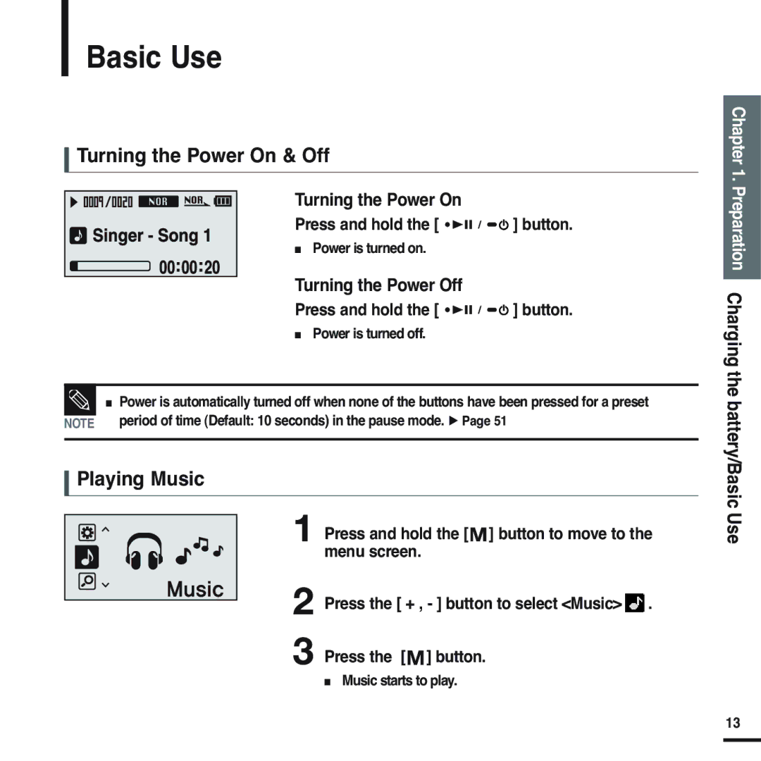 Samsung YP-U2ZB/XSV, YP-U2ZW/ELS, YP-U2XW/ELS, YP-U2XB/ELS, YP-U2ZB/ELS Basic Use, Turning the Power On & Off, Playing Music 