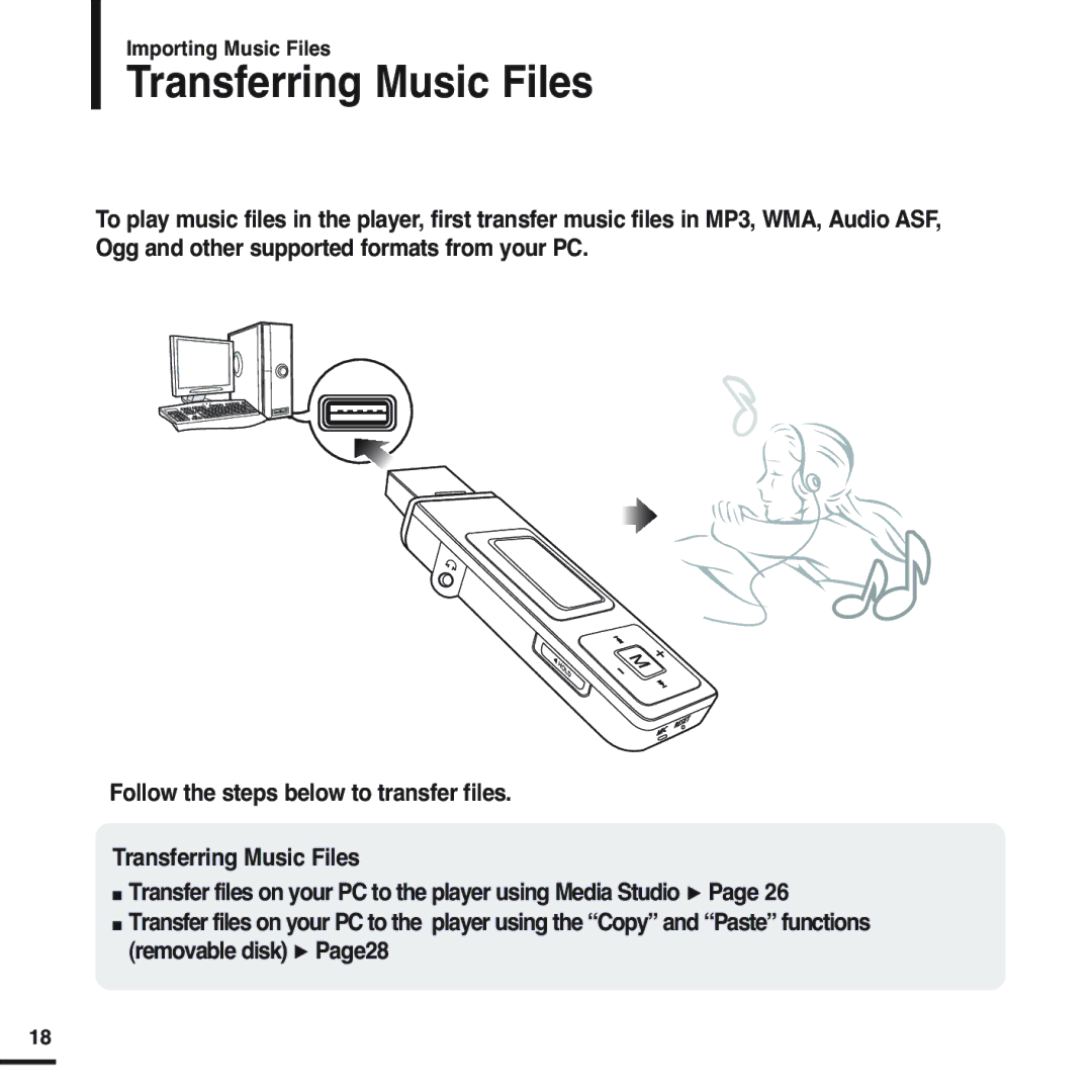 Samsung YP-U2ZW/ELS, YP-U2XW/ELS, YP-U2XB/ELS, YP-U2ZB/ELS, YP-U2ZB/XSV manual Transferring Music Files, Importing Music Files 