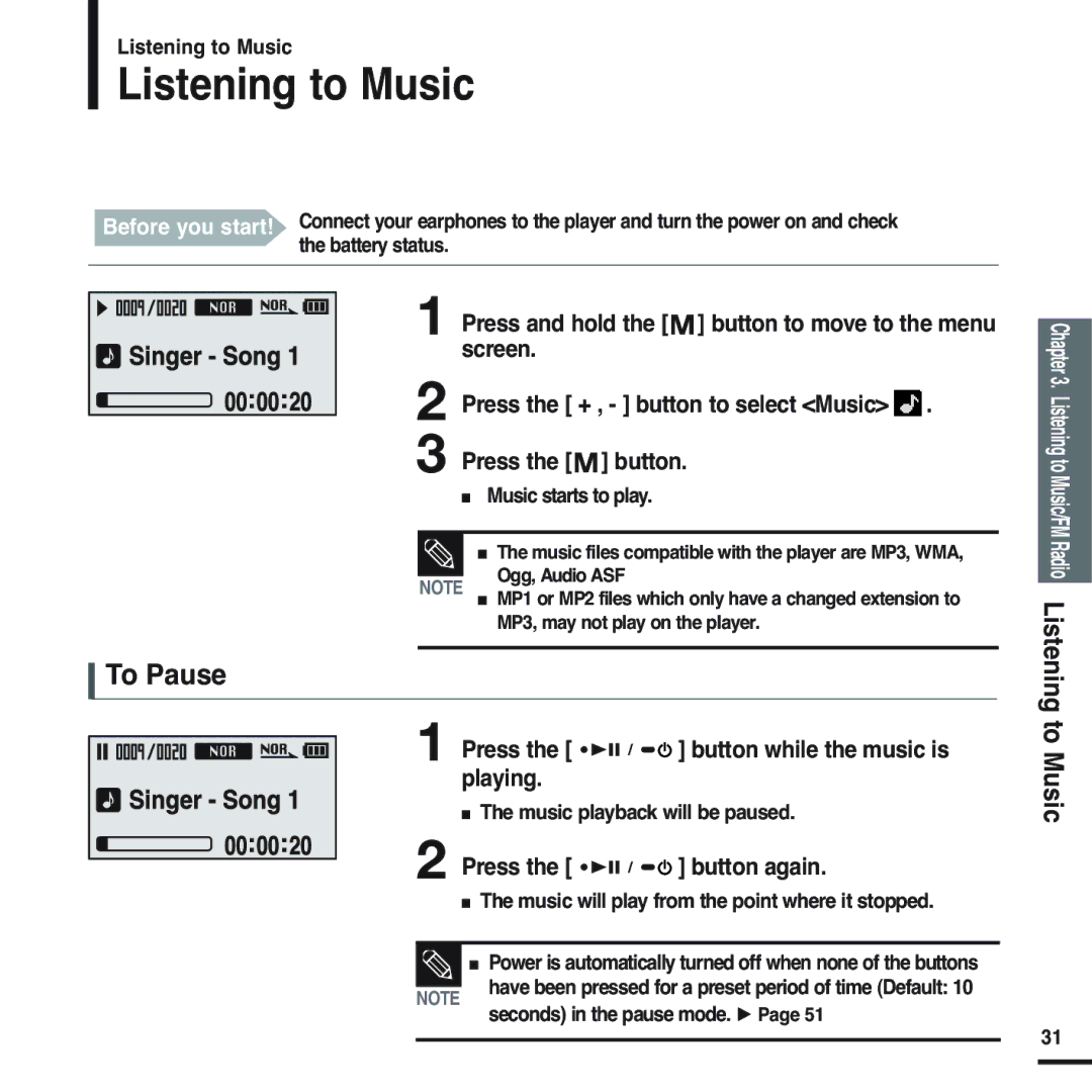 Samsung YP-U2ZB/XSV, YP-U2ZW/ELS, YP-U2XW/ELS, YP-U2XB/ELS, YP-U2ZB/ELS manual Listening to Music, To Pause, Press, Playing 