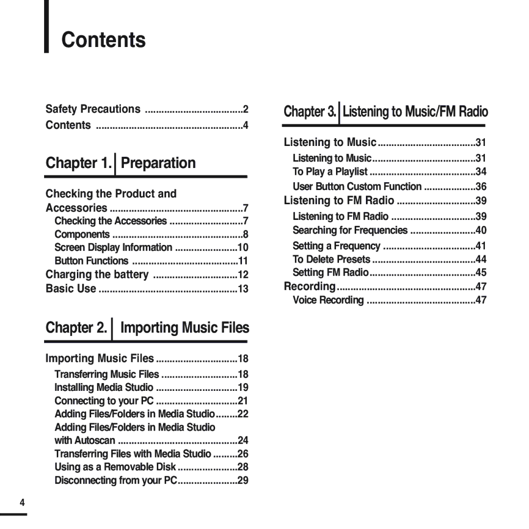 Samsung YP-U2ZB/XSV, YP-U2ZW/ELS, YP-U2XW/ELS, YP-U2XB/ELS, YP-U2ZB/ELS, YP-U2XB/XSV, YP-U2ZW/XSV, YP-U2ZB/XFU manual Contents 