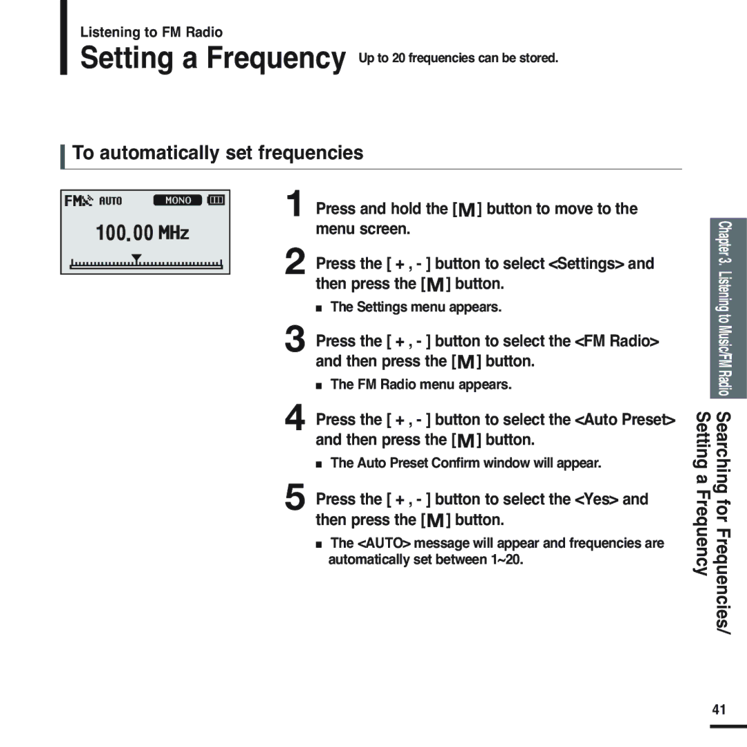 Samsung YP-U2XB/XSV, YP-U2ZW/ELS manual To automatically set frequencies, Settings menu appears, FM Radio menu appears 