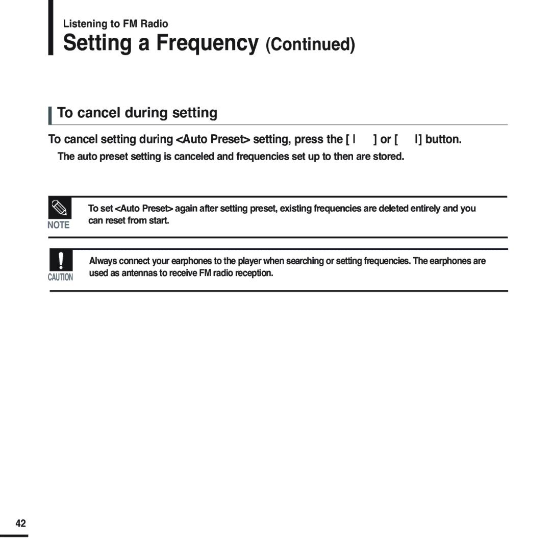 Samsung YP-U2ZW/XSV, YP-U2ZW/ELS, YP-U2XW/ELS, YP-U2XB/ELS, YP-U2ZB/ELS manual Setting a Frequency, To cancel during setting 