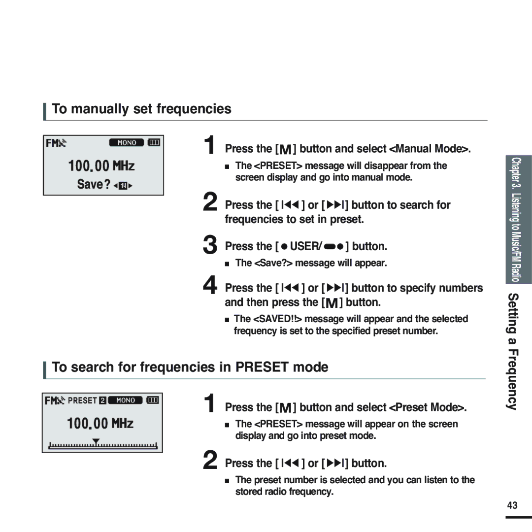 Samsung YP-U2ZB/XFU, YP-U2ZW/ELS, YP-U2XW/ELS To manually set frequencies, To search for frequencies in Preset mode, Button 