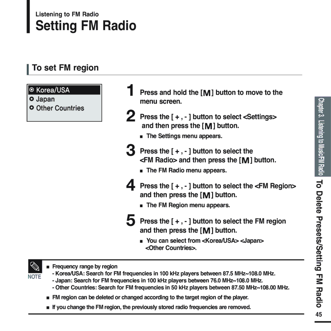 Samsung YP-U2ZW/ELS, YP-U2XW/ELS, YP-U2XB/ELS, YP-U2ZB/ELS manual Setting FM Radio, To set FM region, FM Region menu appears 