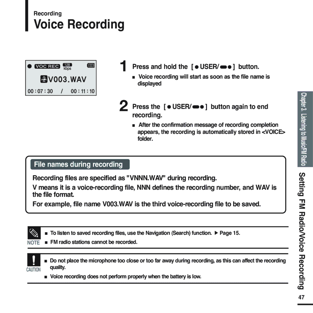 Samsung YP-U2XB/ELS manual Voice Recording, Press and hold the USER/ button, Press the USER/ button again to end recording 