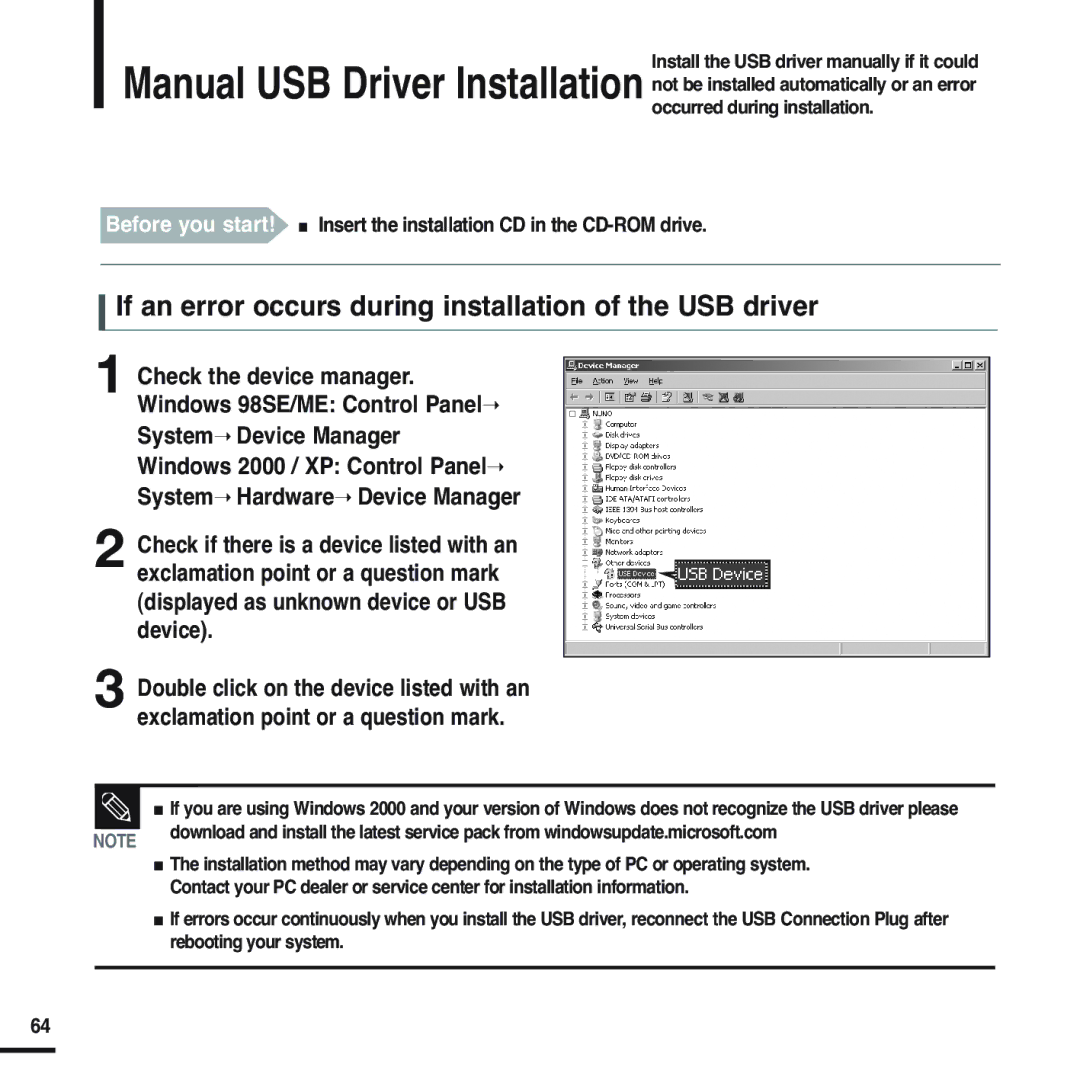 Samsung YP-U2XW/ELS, YP-U2ZW/ELS, YP-U2XB/ELS, YP-U2ZB/ELS manual If an error occurs during installation of the USB driver 