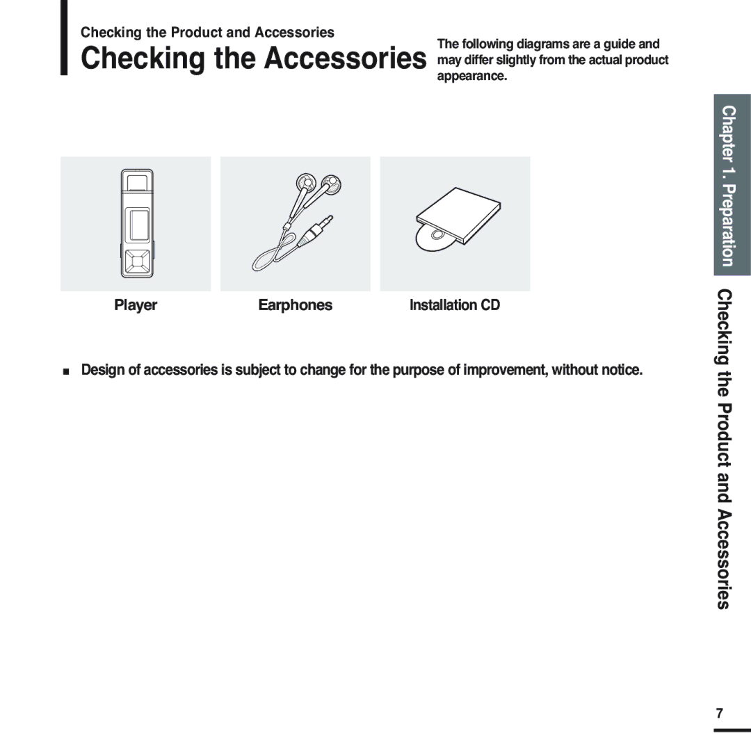 Samsung YP-U2ZB/XFU, YP-U2ZW/ELS, YP-U2XW/ELS manual Preparation Checking the Product and Accessories, Player Earphones 
