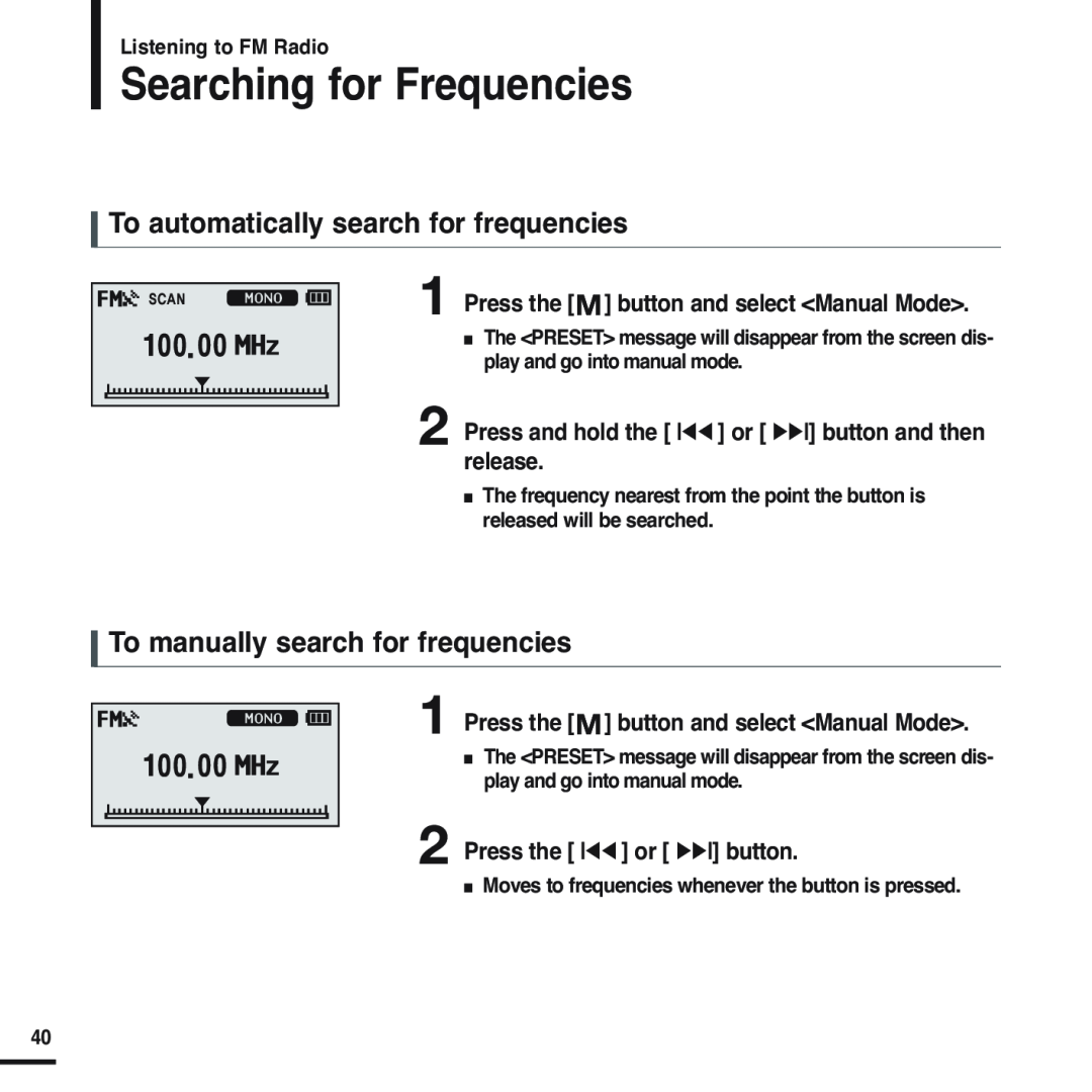 Samsung YP-U2ZB/XSV Searching for Frequencies, To automatically search for frequencies, To manually search for frequencies 