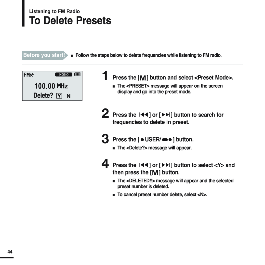 Samsung YP-U2XB/XFU manual To Delete Presets, Press the button and select Preset Mode, frequencies to delete in preset 