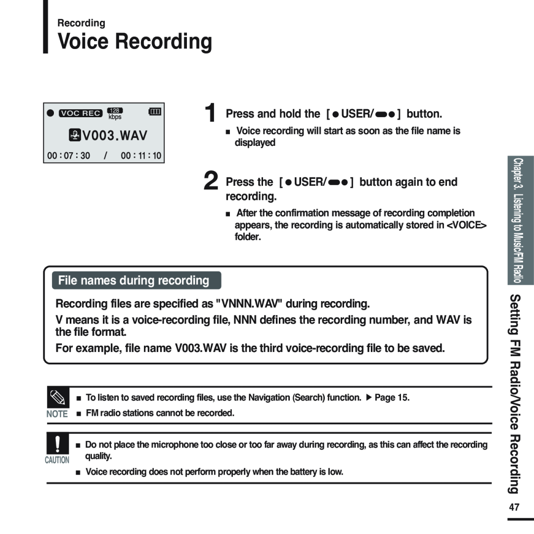 Samsung YP-U2XB/ELS, YP-U2ZW/ELS, YP-U2XW/ELS, YP-U2ZB/ELS, YP-U2ZB/XSV manual Voice Recording, File names during recording 