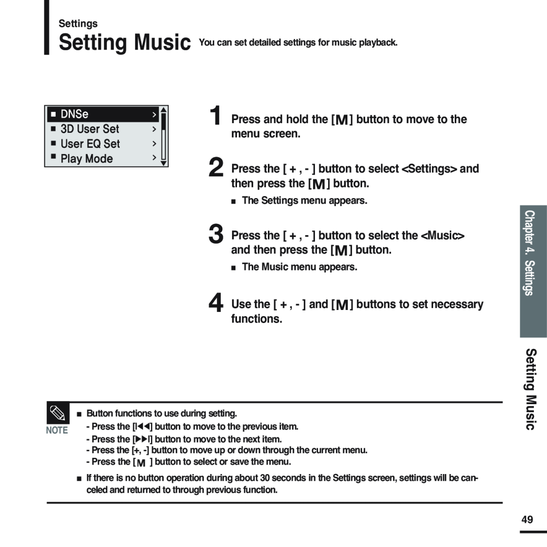 Samsung YP-U2ZB/XSV, YP-U2ZW/ELS, YP-U2XW/ELS, YP-U2XB/ELS Setting Music You can set detailed settings for music playback 