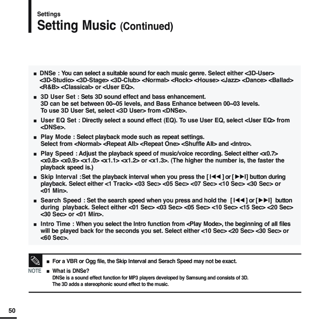 Samsung YP-U2XB/XSV, YP-U2ZW/ELS, YP-U2XW/ELS, YP-U2XB/ELS, YP-U2ZB/ELS manual Setting Music Continued, NOTE What is DNSe? 