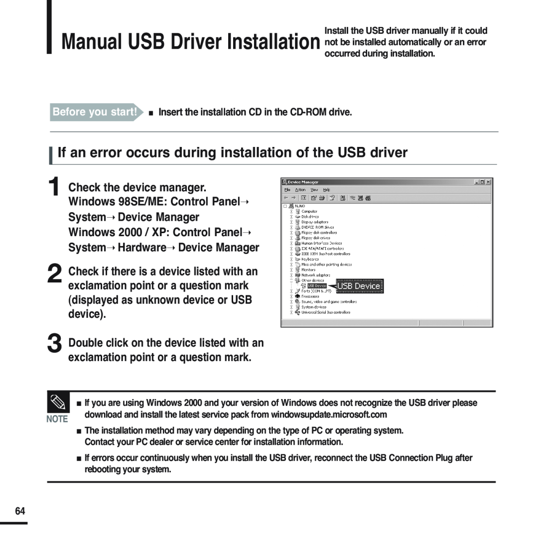 Samsung YP-U2XW/ELS, YP-U2ZW/ELS, YP-U2XB/ELS, YP-U2ZB/ELS manual If an error occurs during installation of the USB driver 
