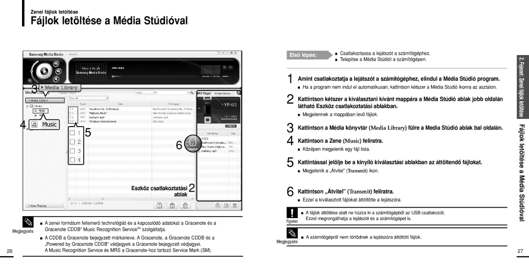 Samsung YP-U2XB/ELS Fájlok letöltése a Média Stúdióval, Eszköz csatlakoztatási 2 ablak, Megjelennek a mappában levô fájlok 