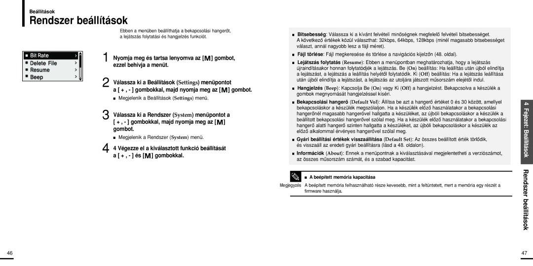 Samsung YP-U2ZW/ELS, YP-U2XW/ELS, YP-U2XB/ELS, YP-U2ZB/ELS manual Rendszer beállítások, Megjelenik a Rendszer System menü 