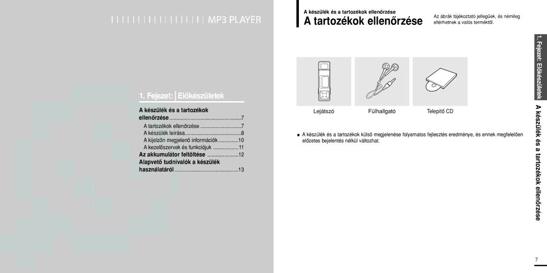 Samsung YP-U2ZW/ELS És a tartozékok ellenôrzése, Készülék és a tartozékok ellenôrzése, Lejátszó Fülhallgató Telepítô CD 