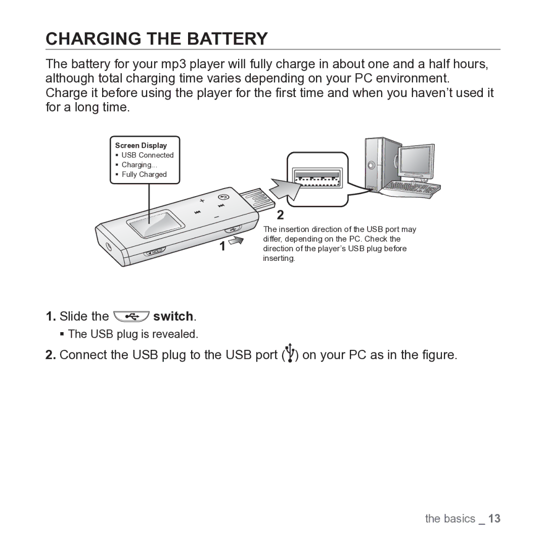 Samsung YP-U3 user manual Charging the Battery, Slide the switch 