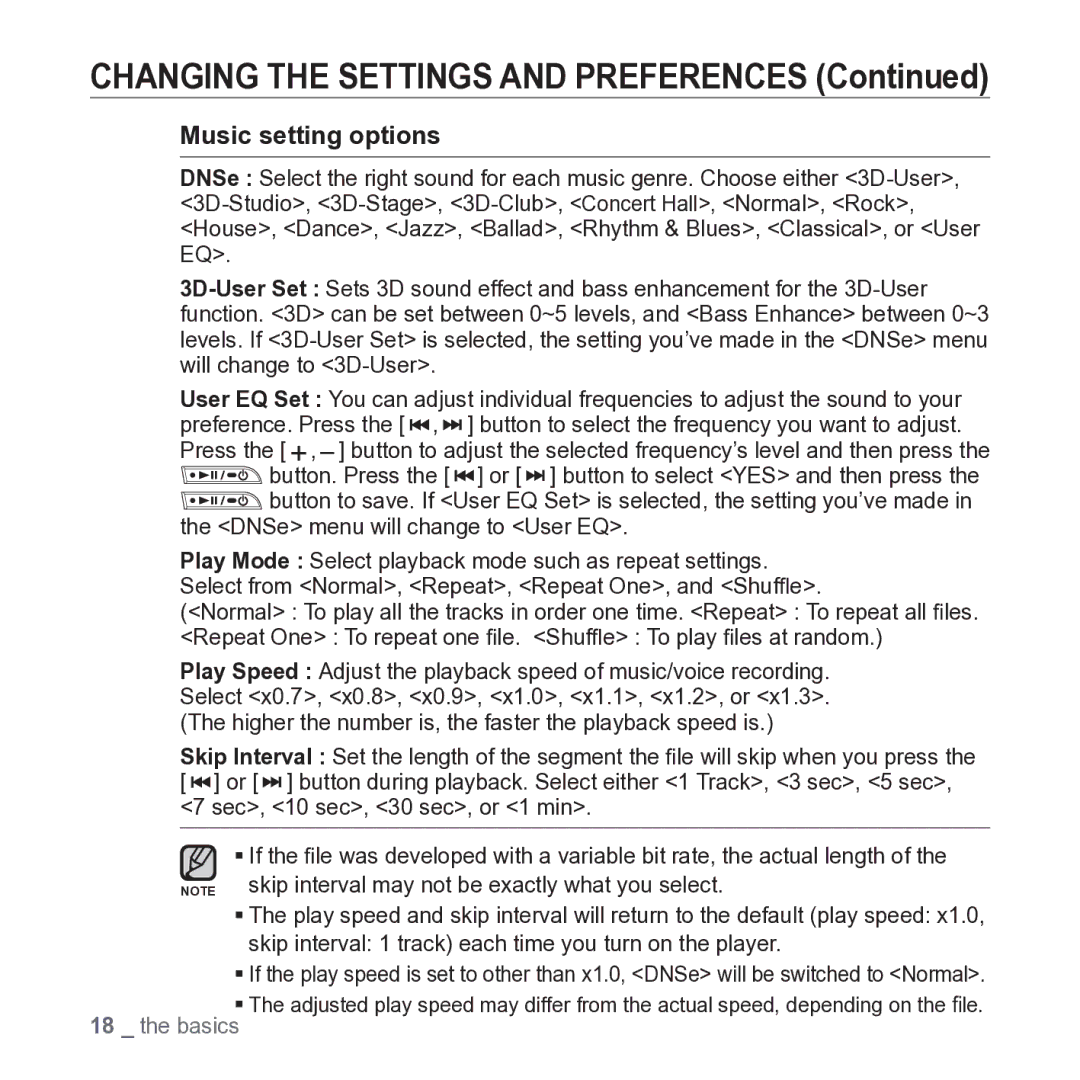 Samsung YP-U3 user manual Changing the Settings and Preferences, Music setting options 