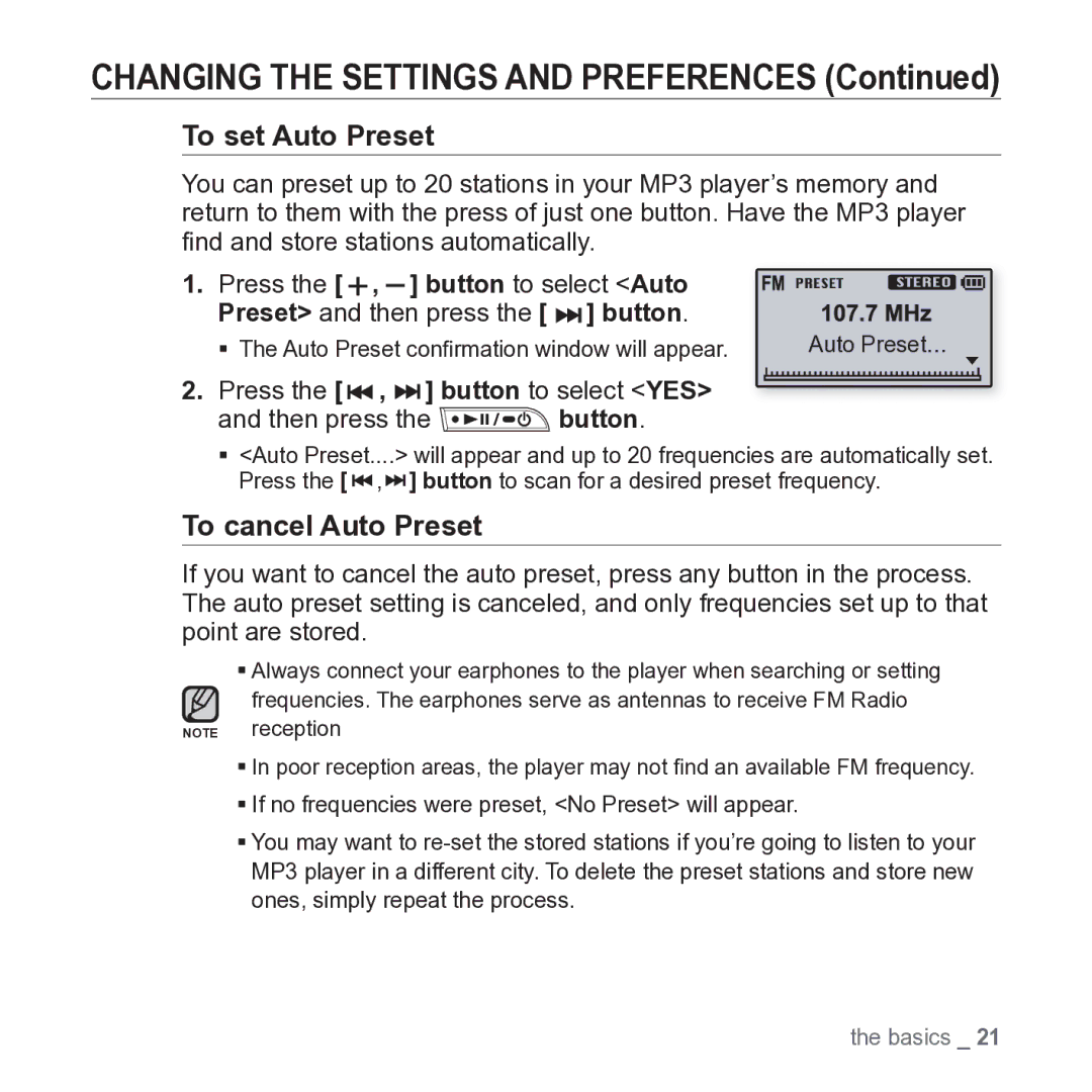 Samsung YP-U3 user manual To set Auto Preset, Press the , button to select YES Then press the button 