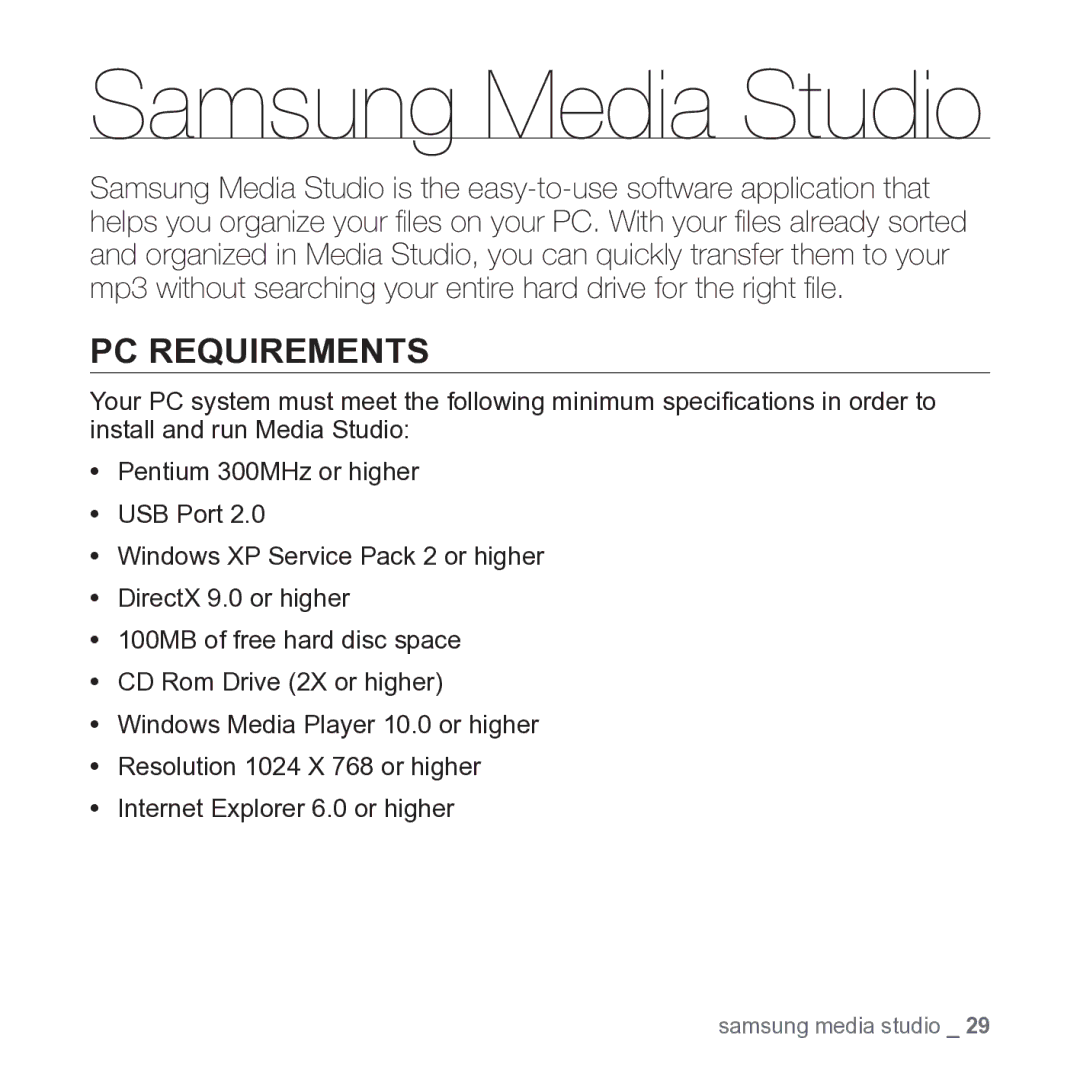 Samsung YP-U3 user manual Samsung Media Studio, PC Requirements 