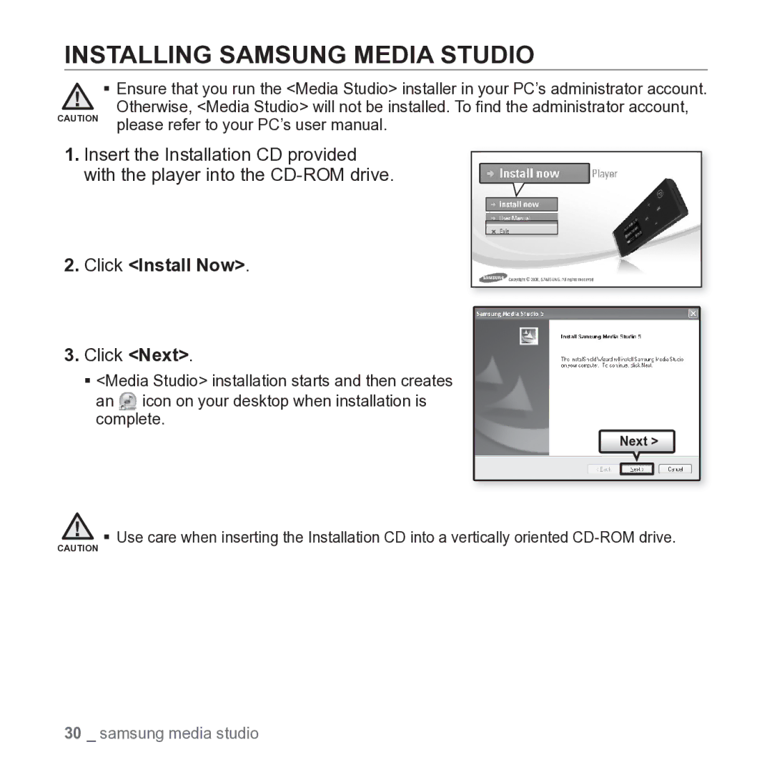 Samsung YP-U3 user manual Installing Samsung Media Studio, Click Install Now, Click Next 