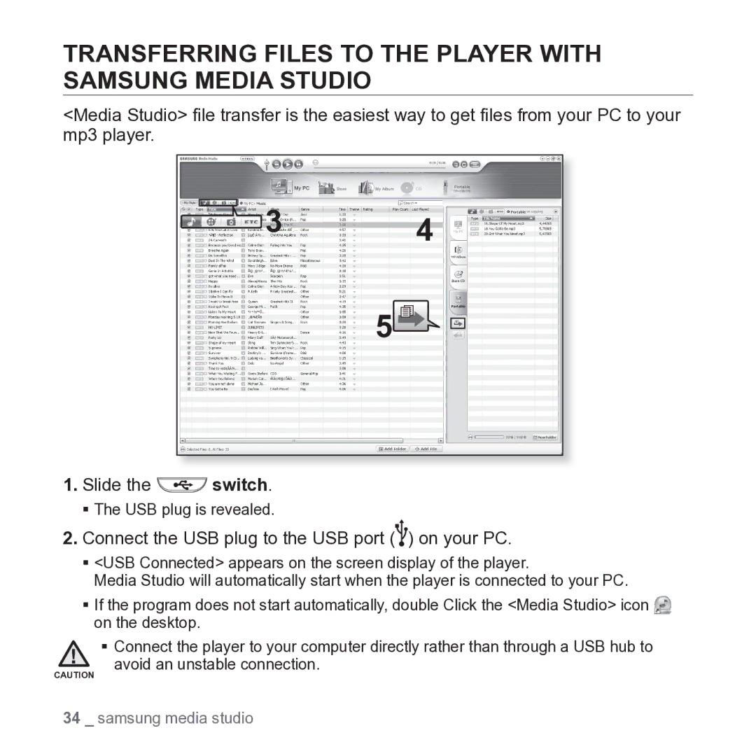 Samsung YP-U3 Transferring Files to the Player with Samsung Media Studio, Connect the USB plug to the USB port on your PC 