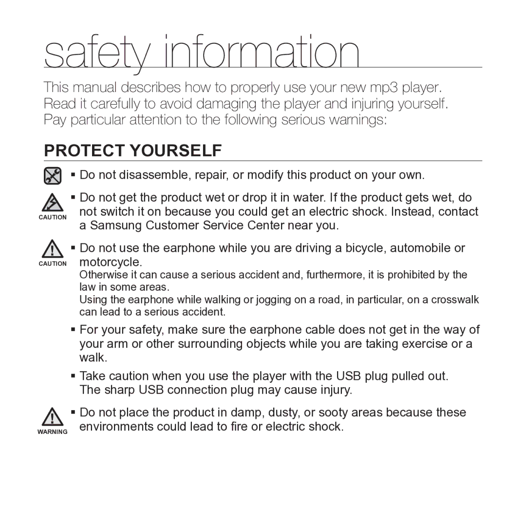 Samsung YP-U3 user manual Protect Yourself 