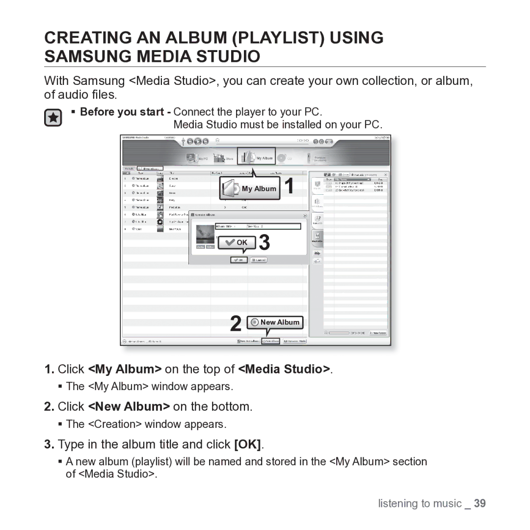 Samsung YP-U3 user manual Creating AN Album Playlist Using Samsung Media Studio, Click My Album on the top of Media Studio 