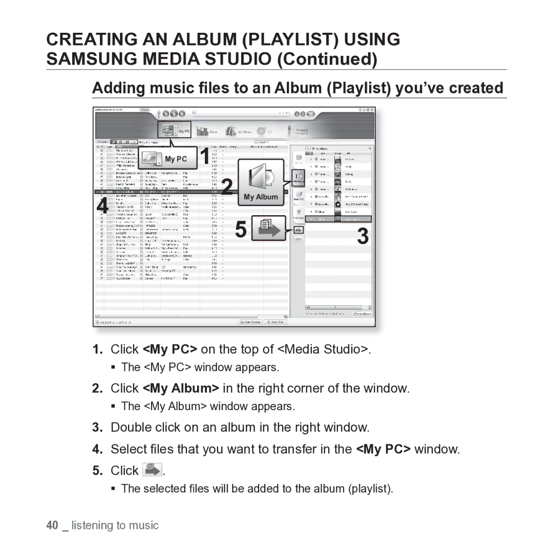 Samsung YP-U3 user manual Adding music ﬁles to an Album Playlist you’ve created, Click My PC on the top of Media Studio 